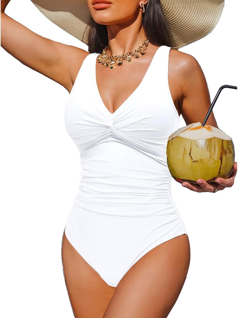 Amazon White V-Neck Twist Front One-Piece Swimsuit